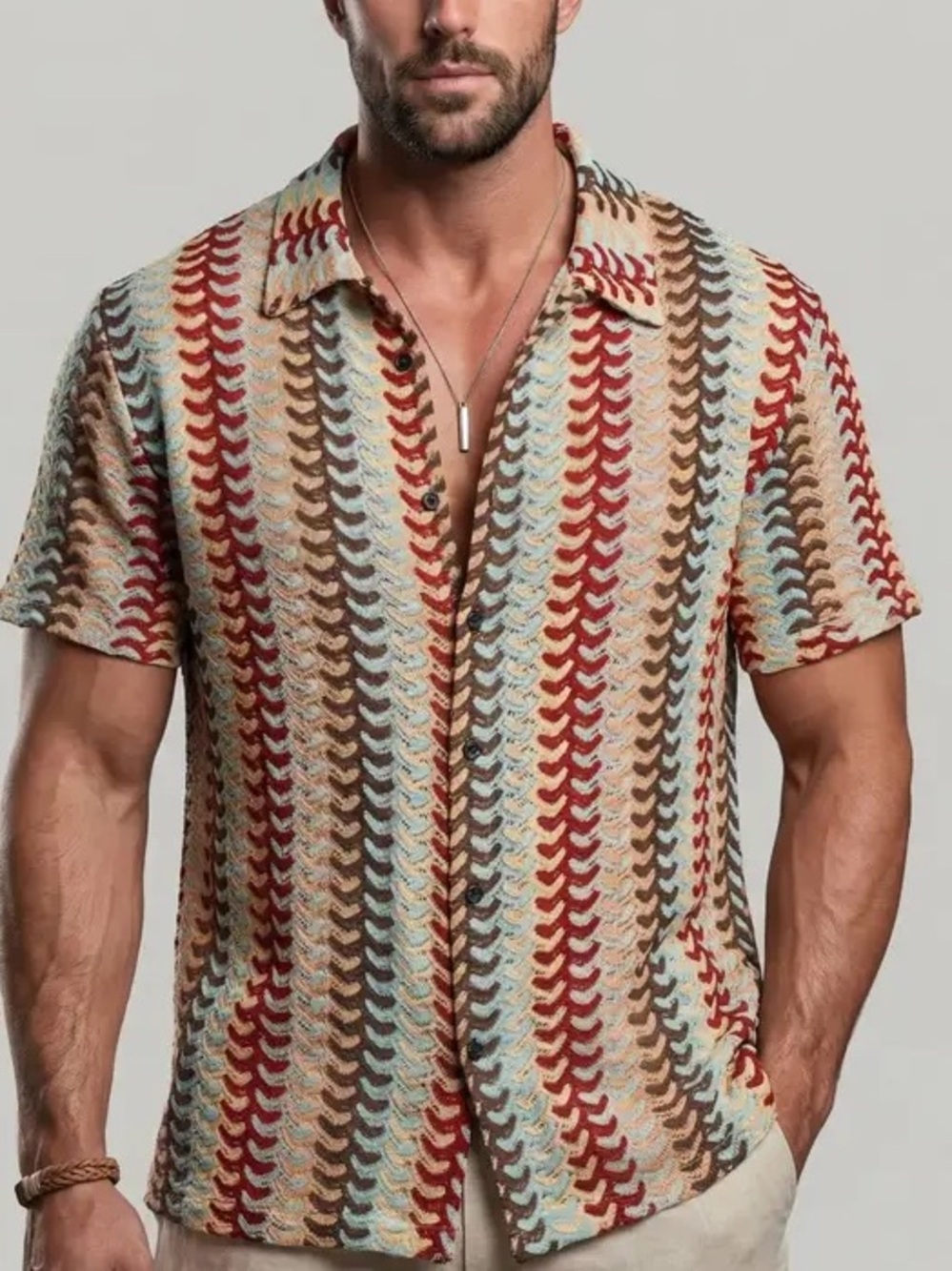 Reason Clothing Chevron Open Knit Crochet Resort Shirt NEW!
